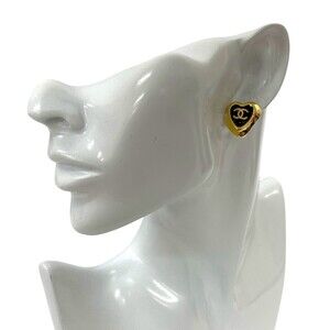 CHANEL Coco Mark Heart Motif GP Earrings, Gold and Black, 38458